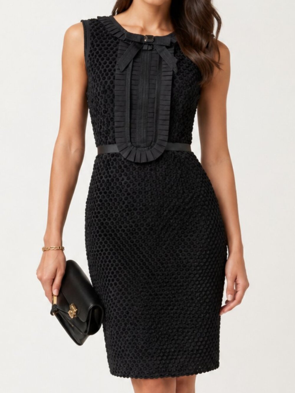 CHARLES Chang-Lima Pleated Bow Tie Waist Black Dress 8